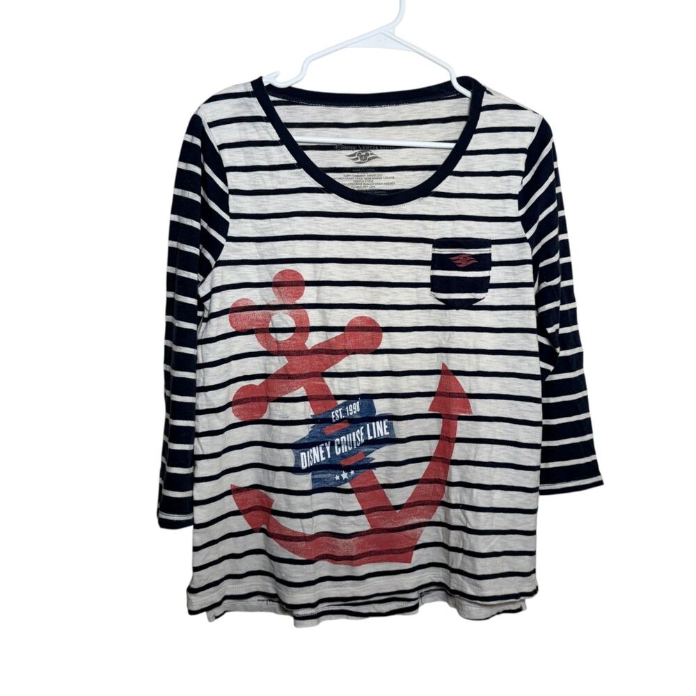 Disney Cruise Line Striped Navy and White Tee with Red Anchor